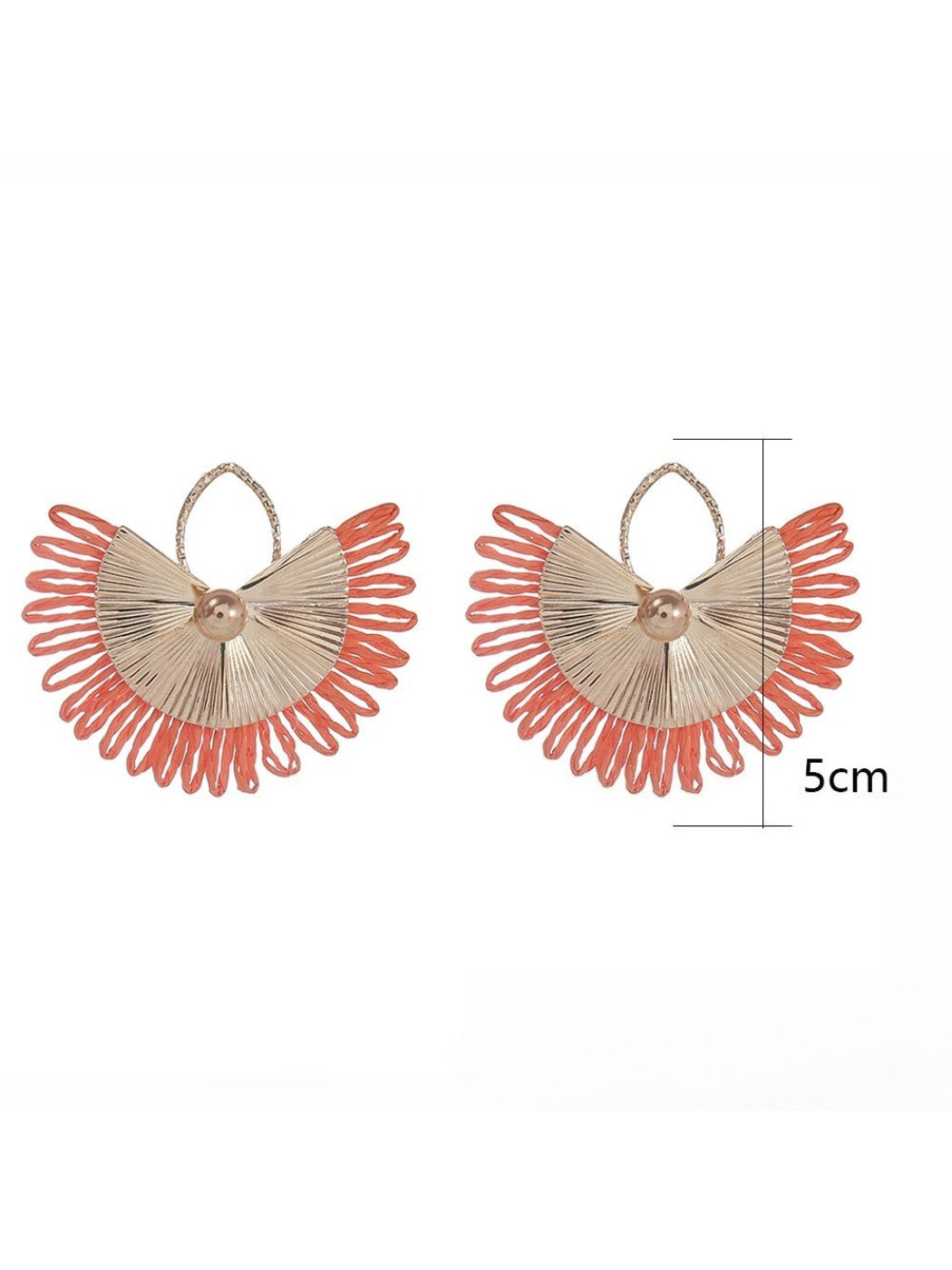 Side view of Earedge raffia woven fan shape earrings showing texture and weave