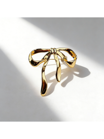 Brovia - Gold Tone Bow Accent Alloy Brooch Pin