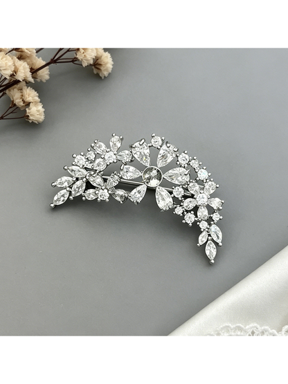Brovia - Curved Floral Leaf Rhinestones Brooch Pin