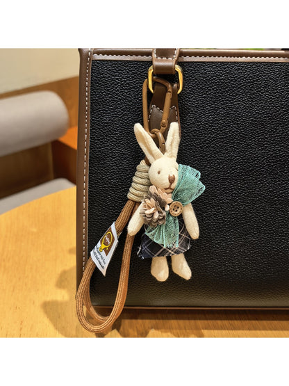 Close-up of keyring and clasp connected to the rabbit charm