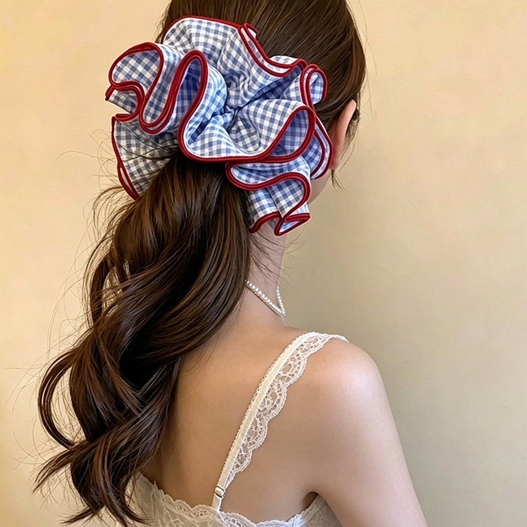 Gifty - Blue Plaid Ruffle Edge Polyester Scrunchie