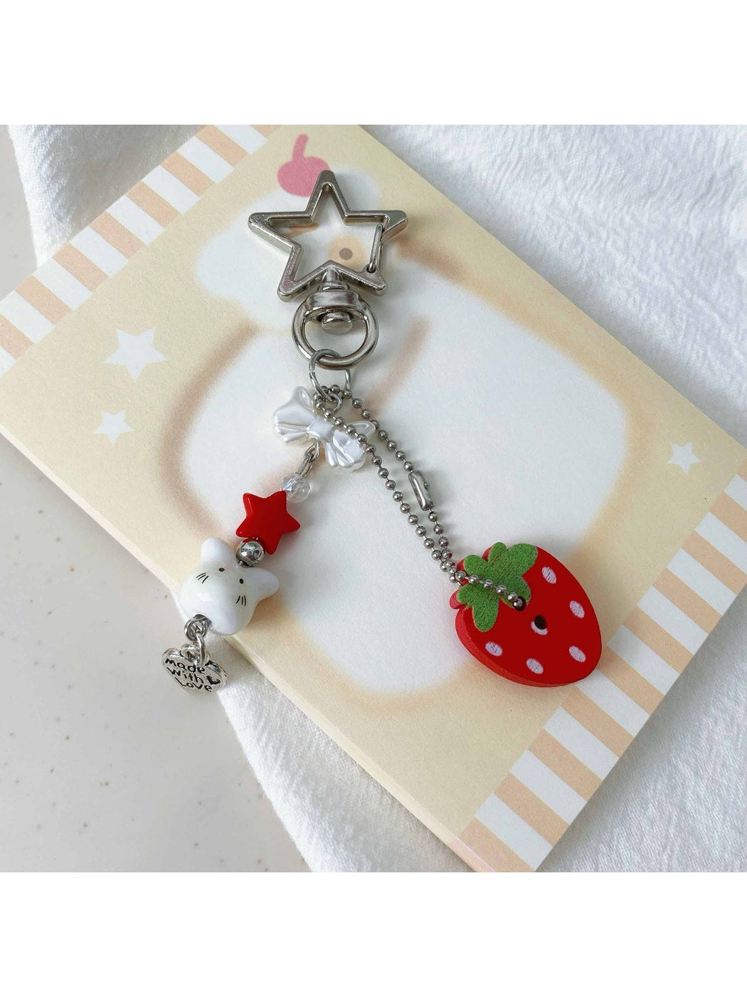 Keypus - Strawberry Beaded Button Style Bag Charm Keychain