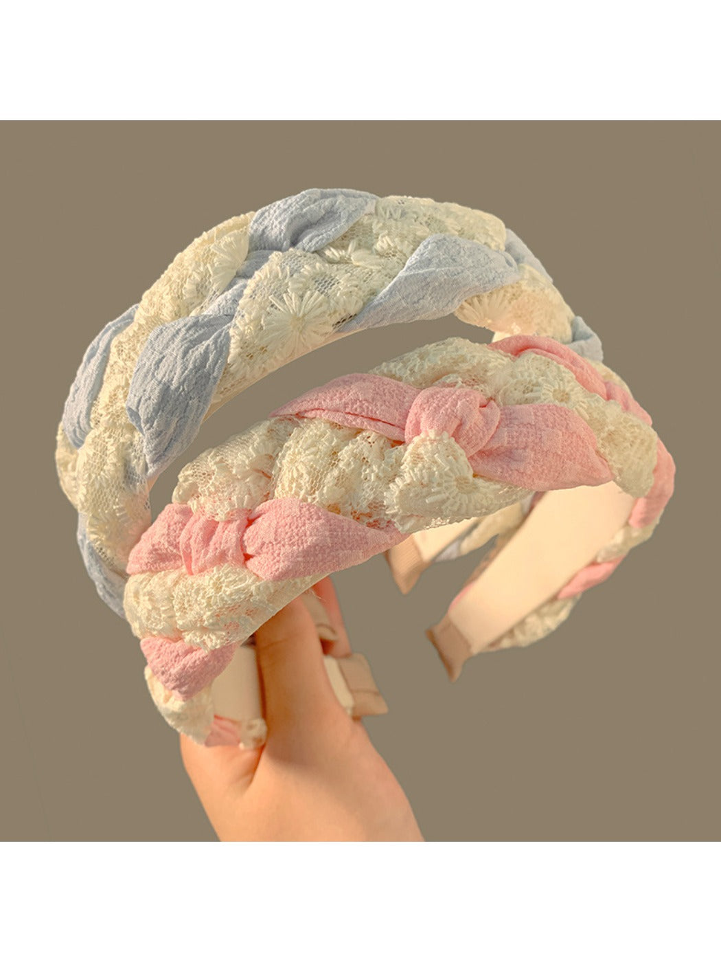 Close-up of Gifty Happy Lace headband showing delicate lace pattern and texture