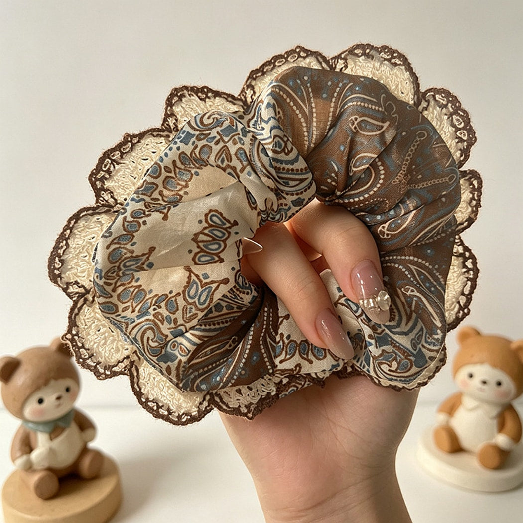 Gifty - Vintage Brown Print Lace Edge Scrunchie