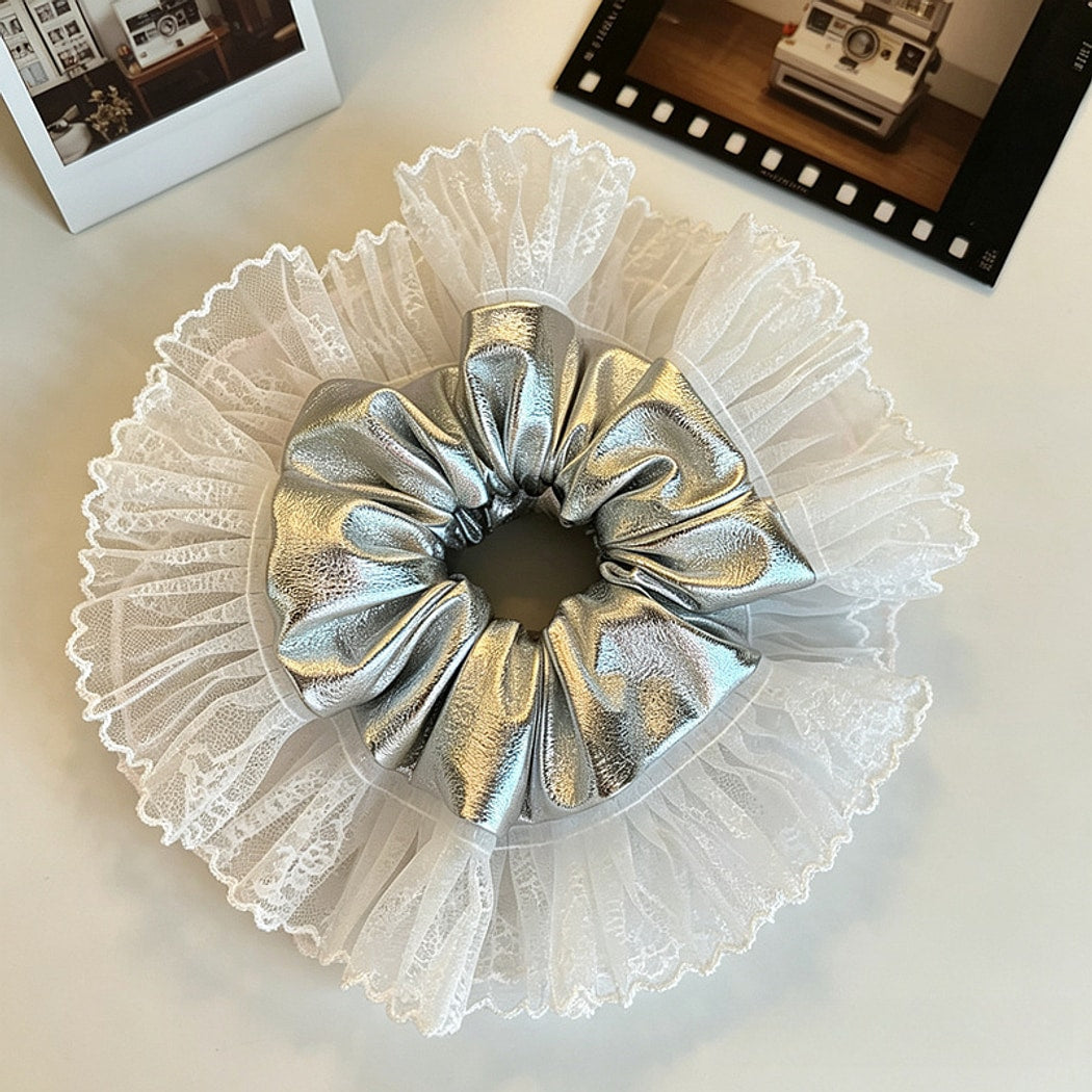 Gifty - Silver Tone Lace Ruffle Ponytail Scrunchie