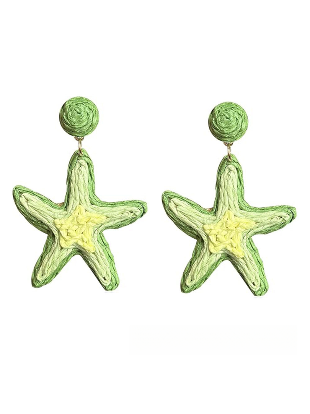 Starfish raffia earrings displayed with natural lighting highlighting texture