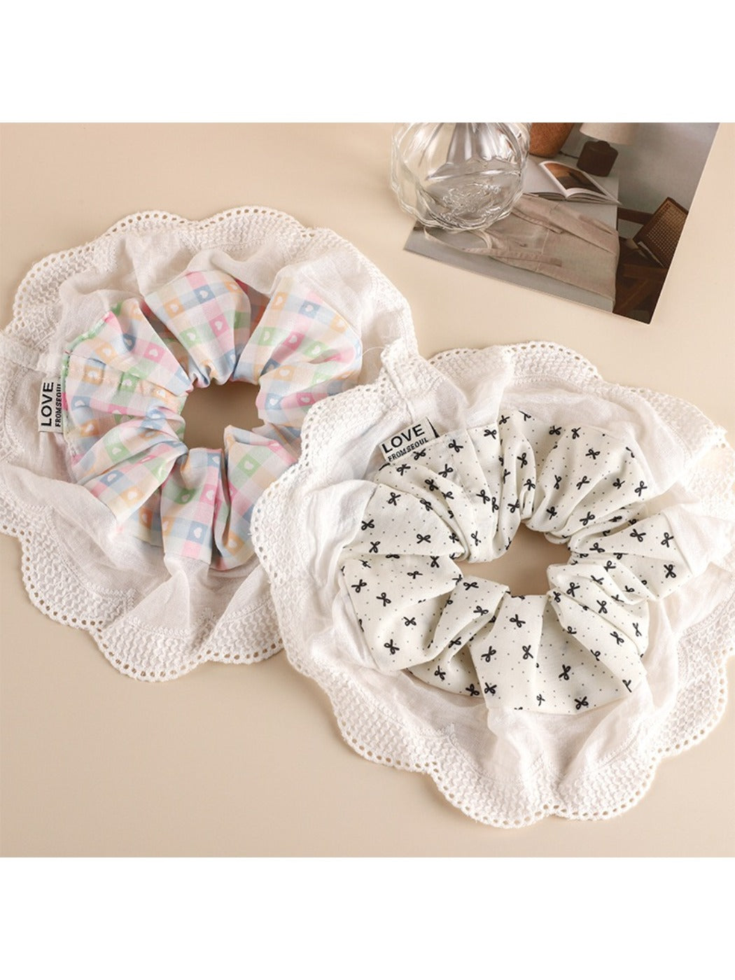 Close-up of Gifty patchwork scrunchie showing detailed floral and checkered fabric design