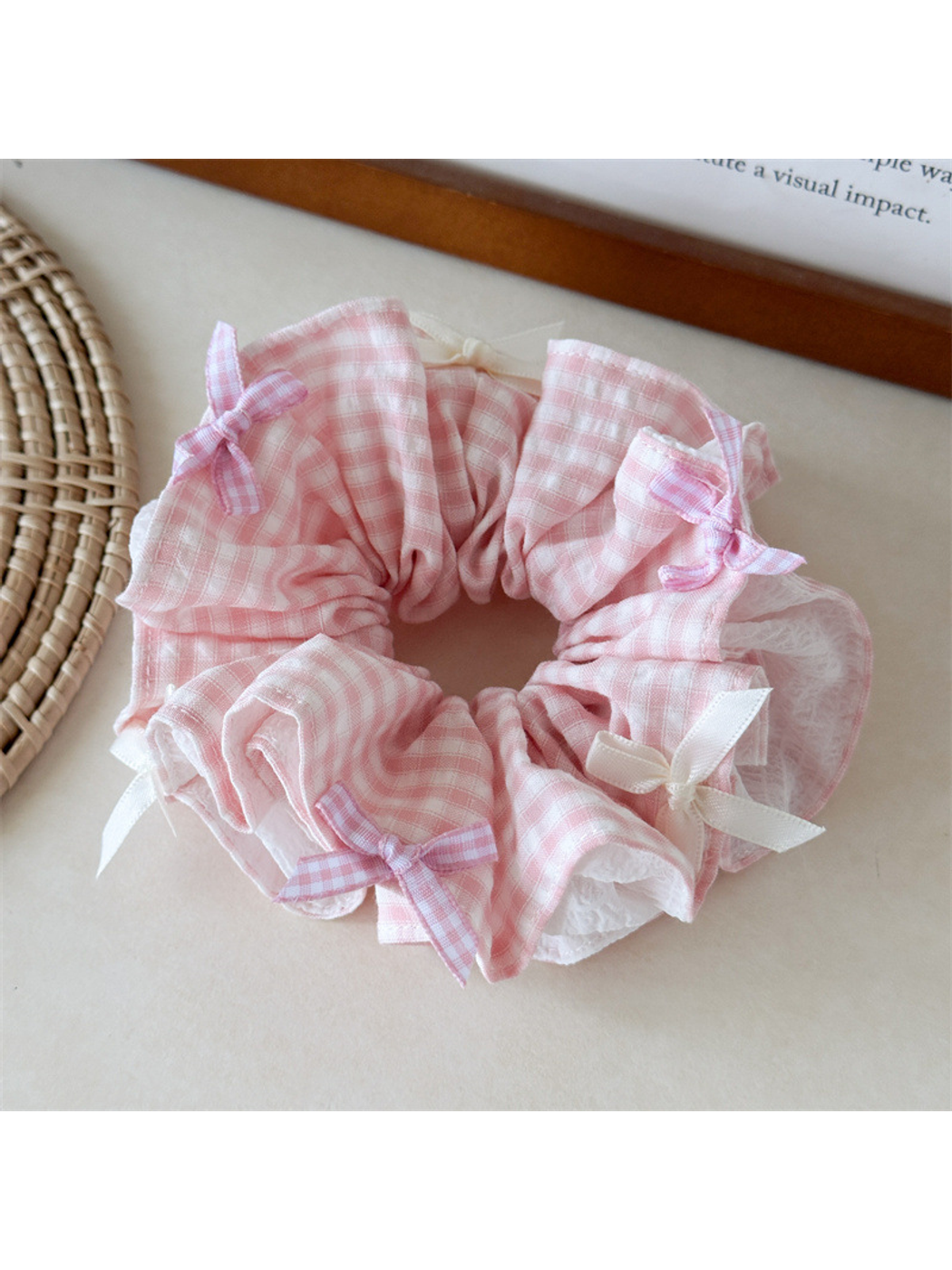 Gifty - Ruffled Gingham Ribbon Bow Hair Scrunchie