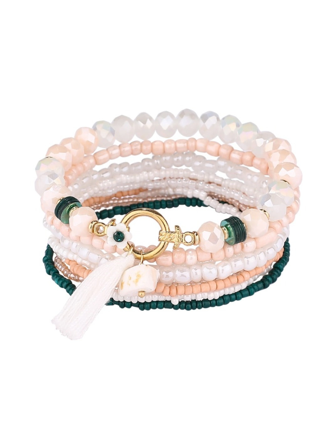 Lovra vintage tassel stackable beaded bracelet displayed with natural lighting highlighting bead shine