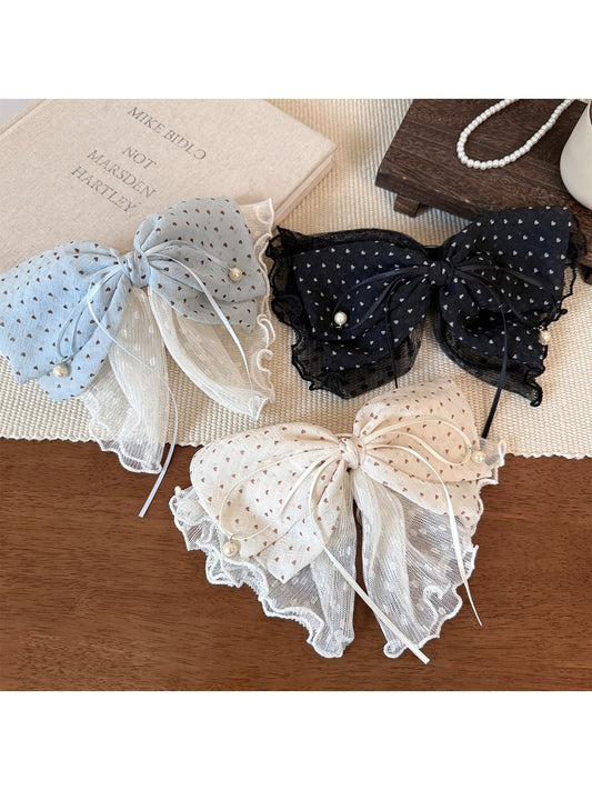 Beau - Polka Dot Ribbon Bow Lace Trim Hair Clip