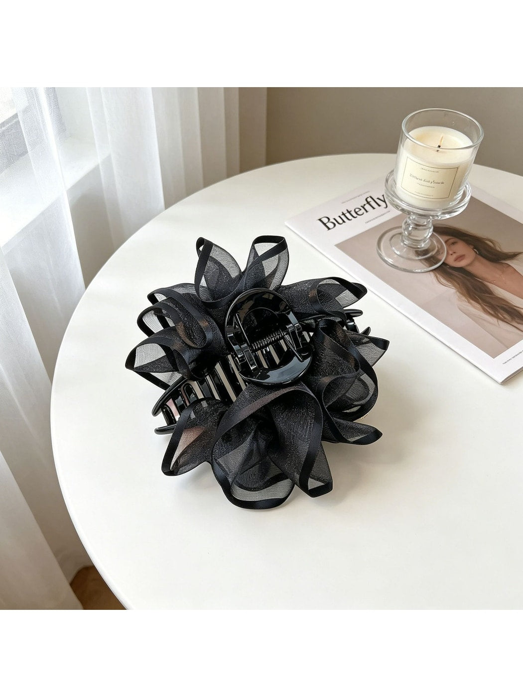 Beau - Floral Organza Bow Detail Fabric Claw Clip