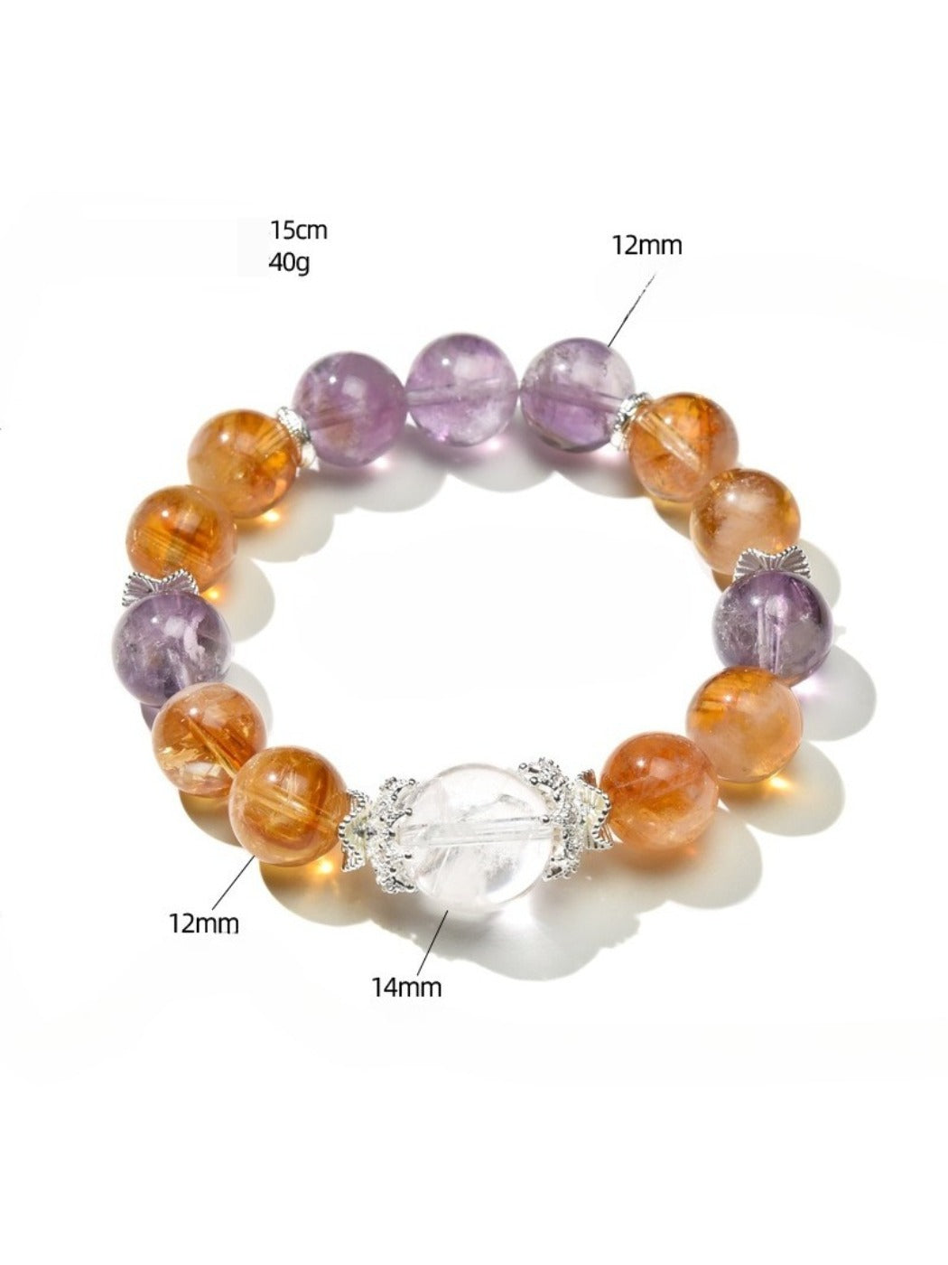 Lovra bracelet displayed flat highlighting the arrangement of purple and yellow crystals