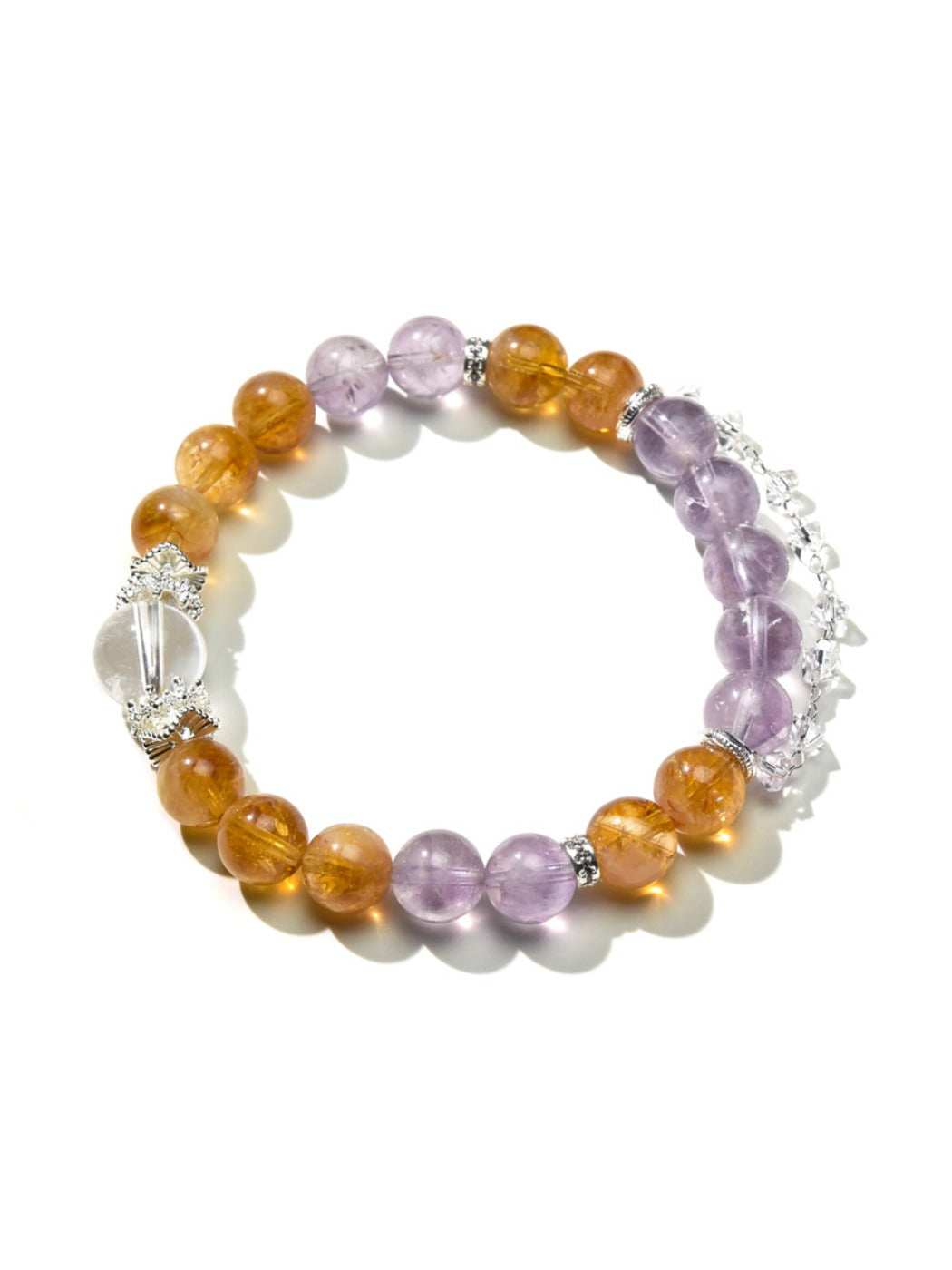 Side view of Lovra yellow and purple crystal bracelet showing clasp detail