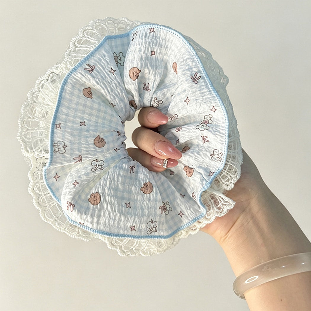 Gifty - Lace Trim Plaid Puppy Print Scrunchie