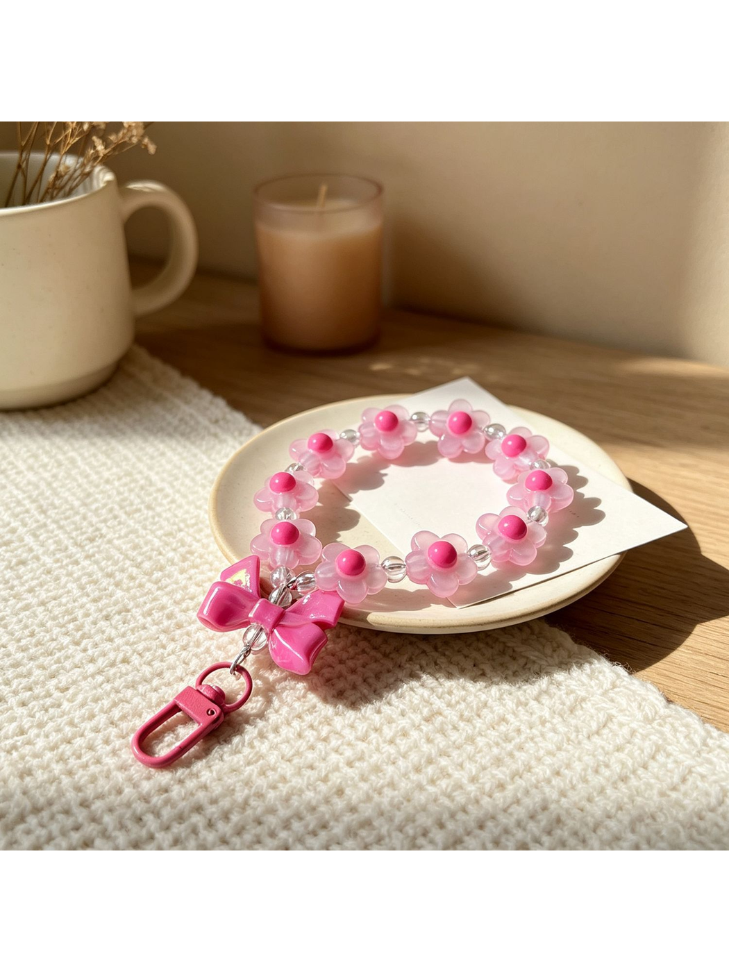 Keypus - Floral Beaded Bow Acrylic Bag Charm Keychain