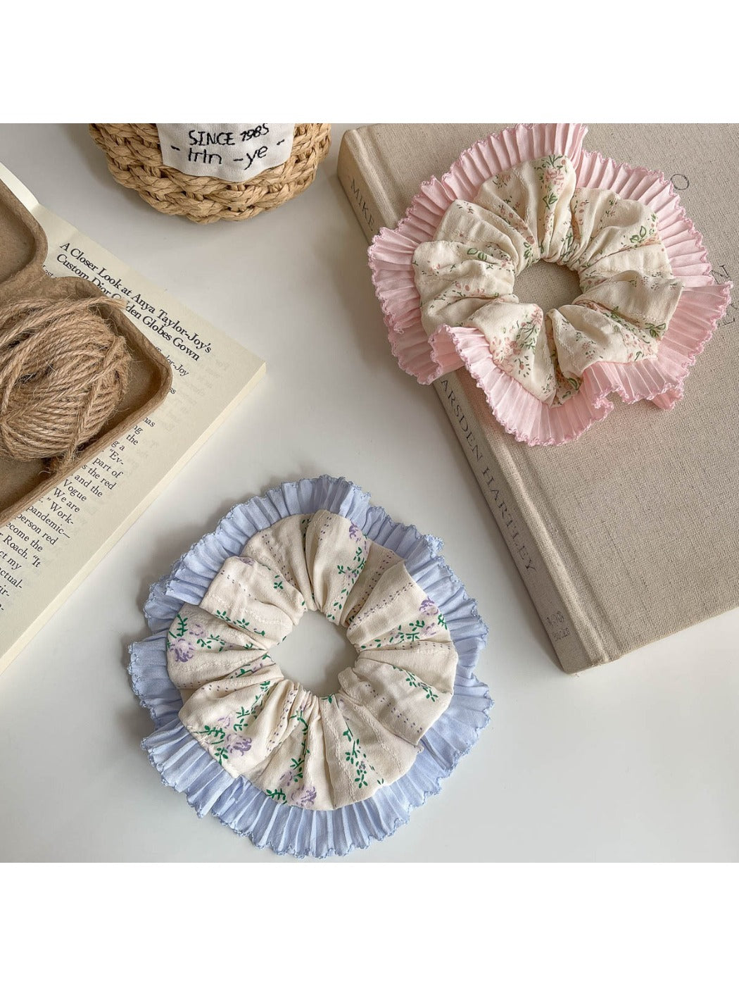 Gifty scrunchie displayed on a white background with visible floral design