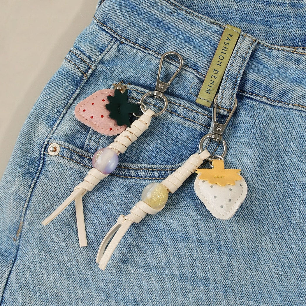 Keypus - Strawberry Beaded PU Bag Charm Keychain