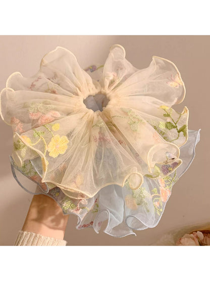 Gifty - Embroidered Sheer Ruffled Polyester Scrunchie