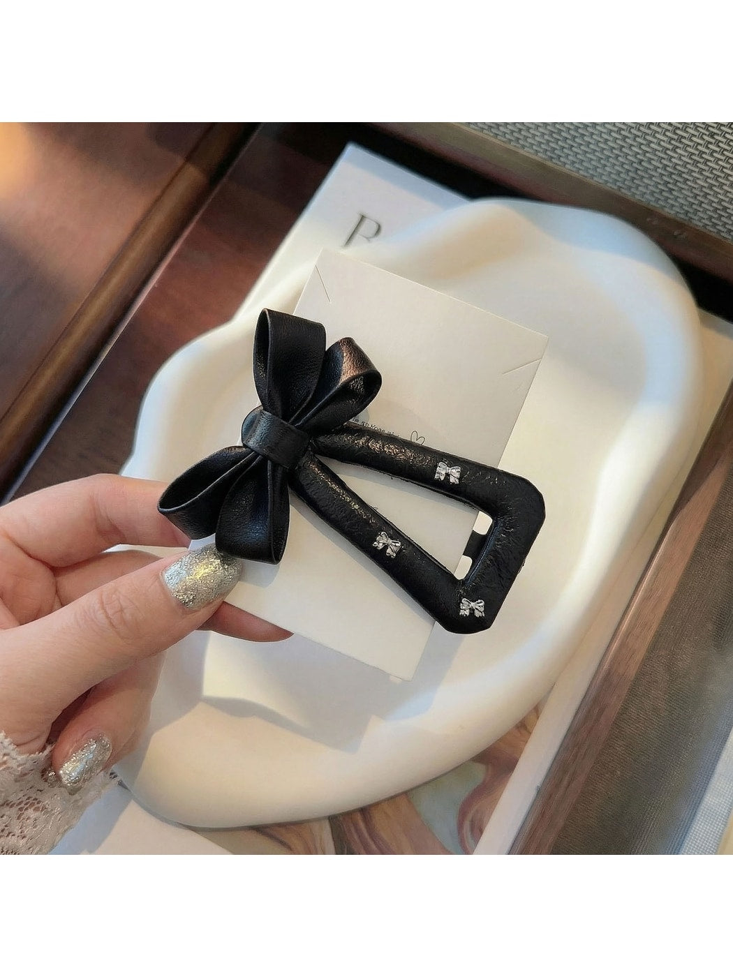 Beau - Faux Leather Bow Triangle Snap Hair Clip
