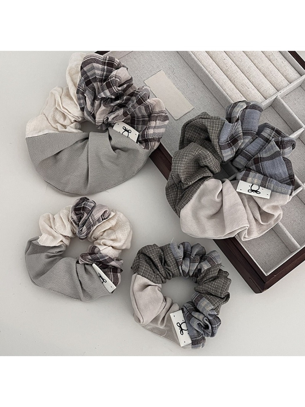 Gifty vintage patchwork plaid ruched scrunchie on a white background