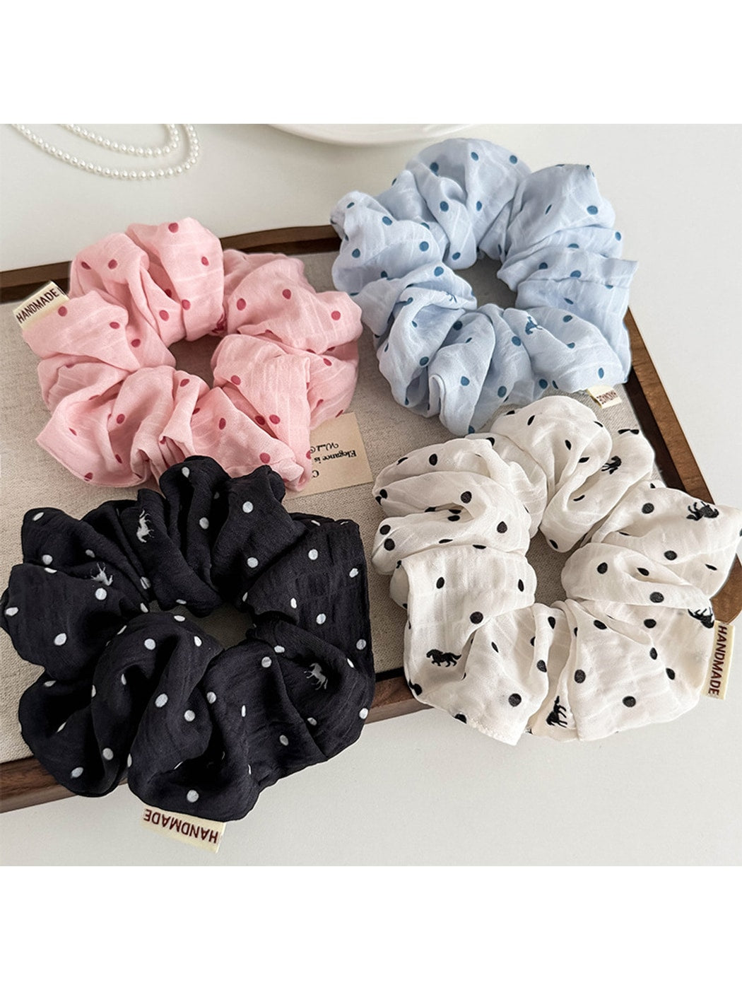 Gifty - Pleated Mesh Polka Dot Horse Print Scrunchie