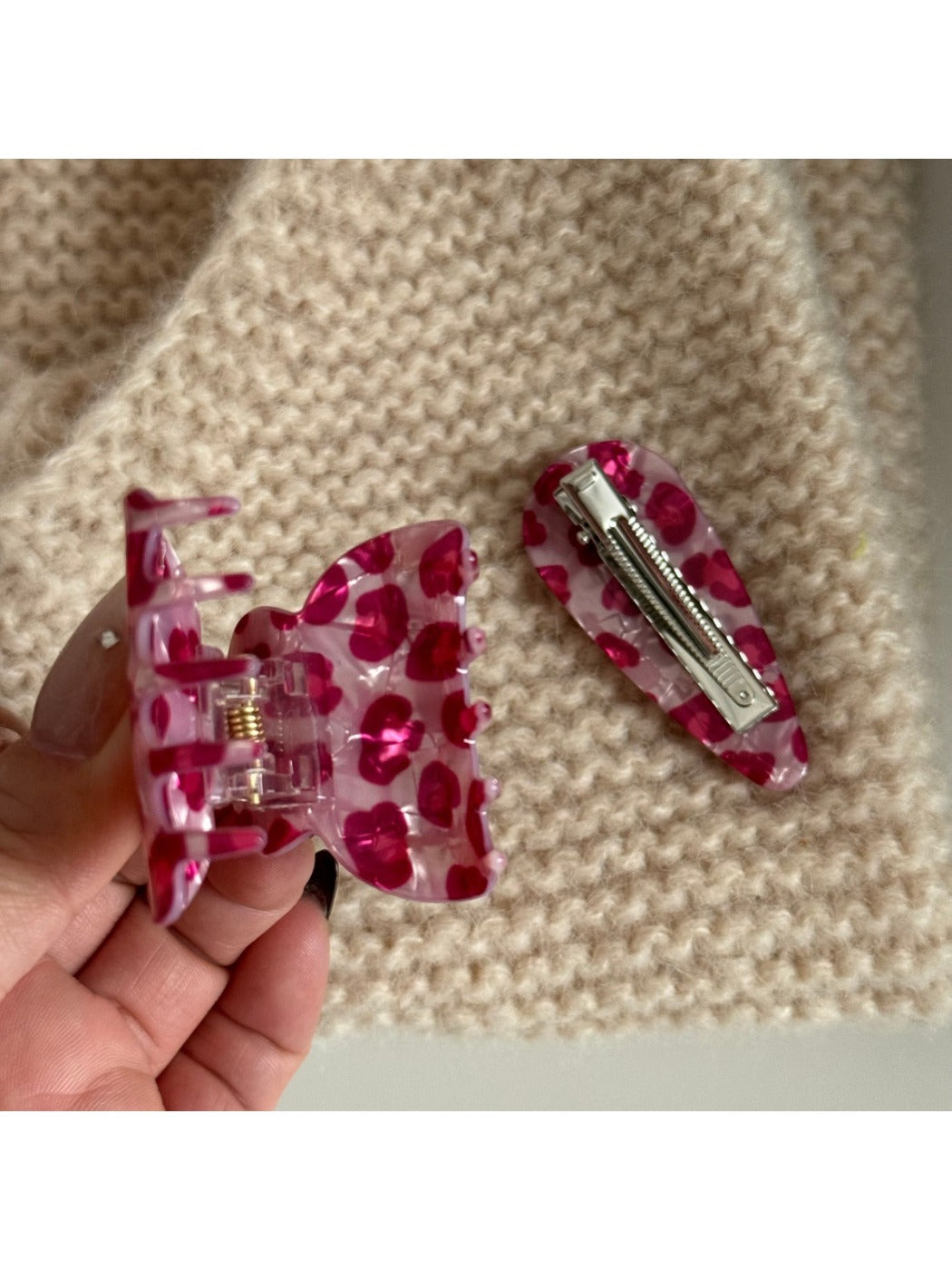 Beau pink leopard print hair clip styled in blonde hair