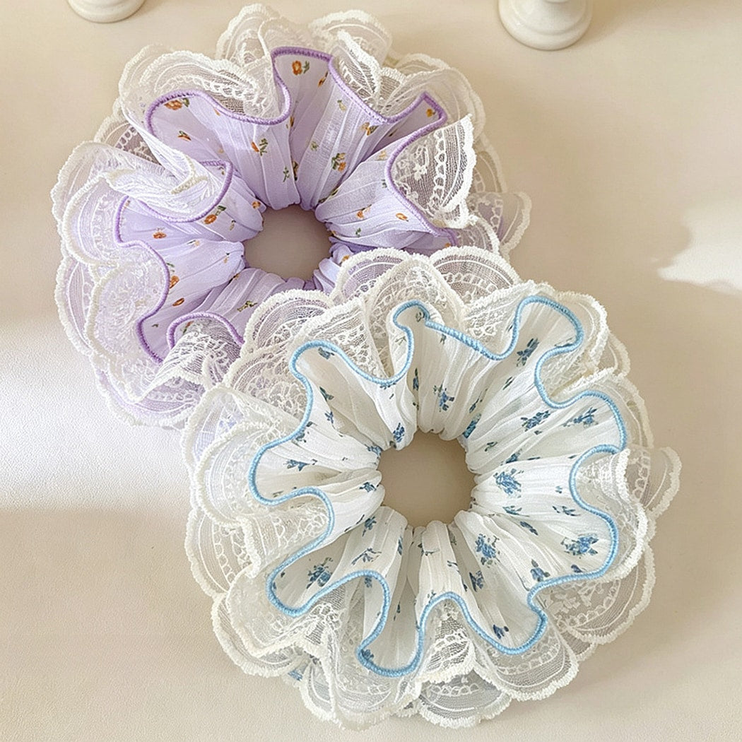 Gifty - Ruffled Openwork Flower Print Lace Scrunchie