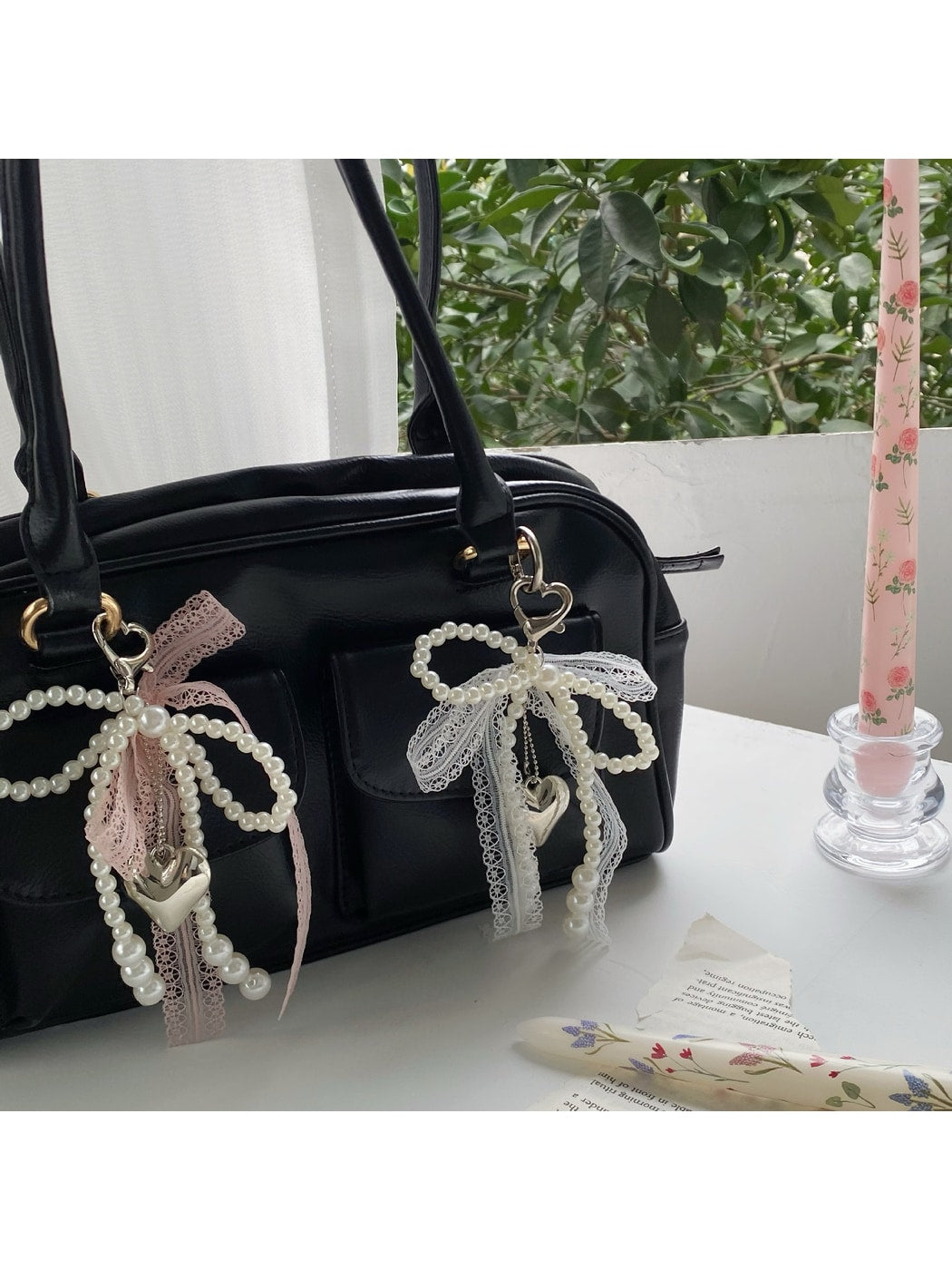 Keypus - Lace Bow Beaded Heart Pendant Bag Charm Keychain