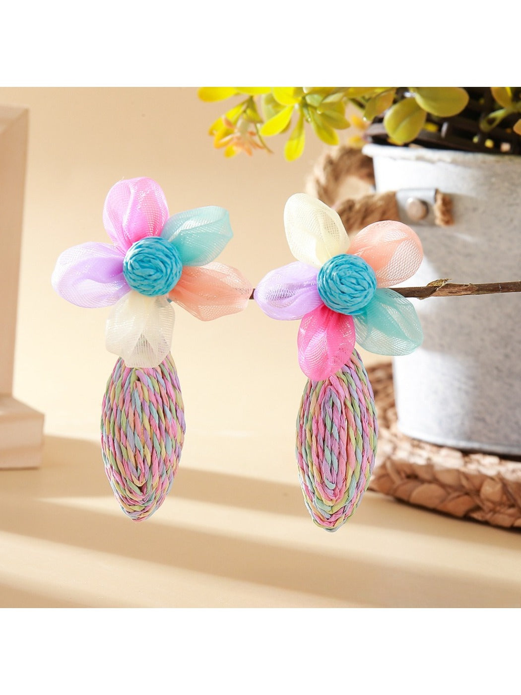 Model wearing Sweet Raffia Lace Flower Shaped Earrings with natural makeup