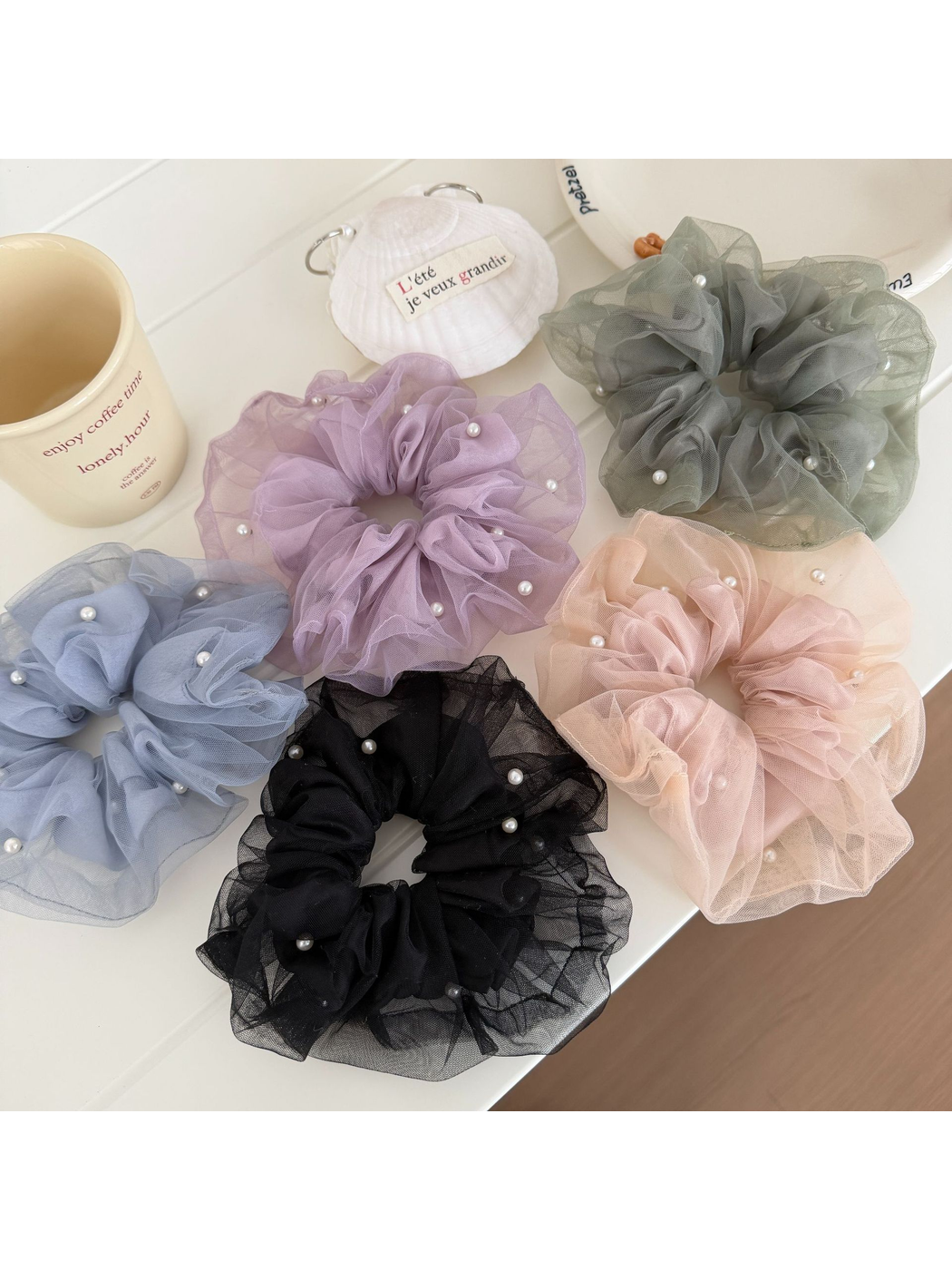 Gifty - Mesh Ruffle Beaded Detail Hair Scrunchie