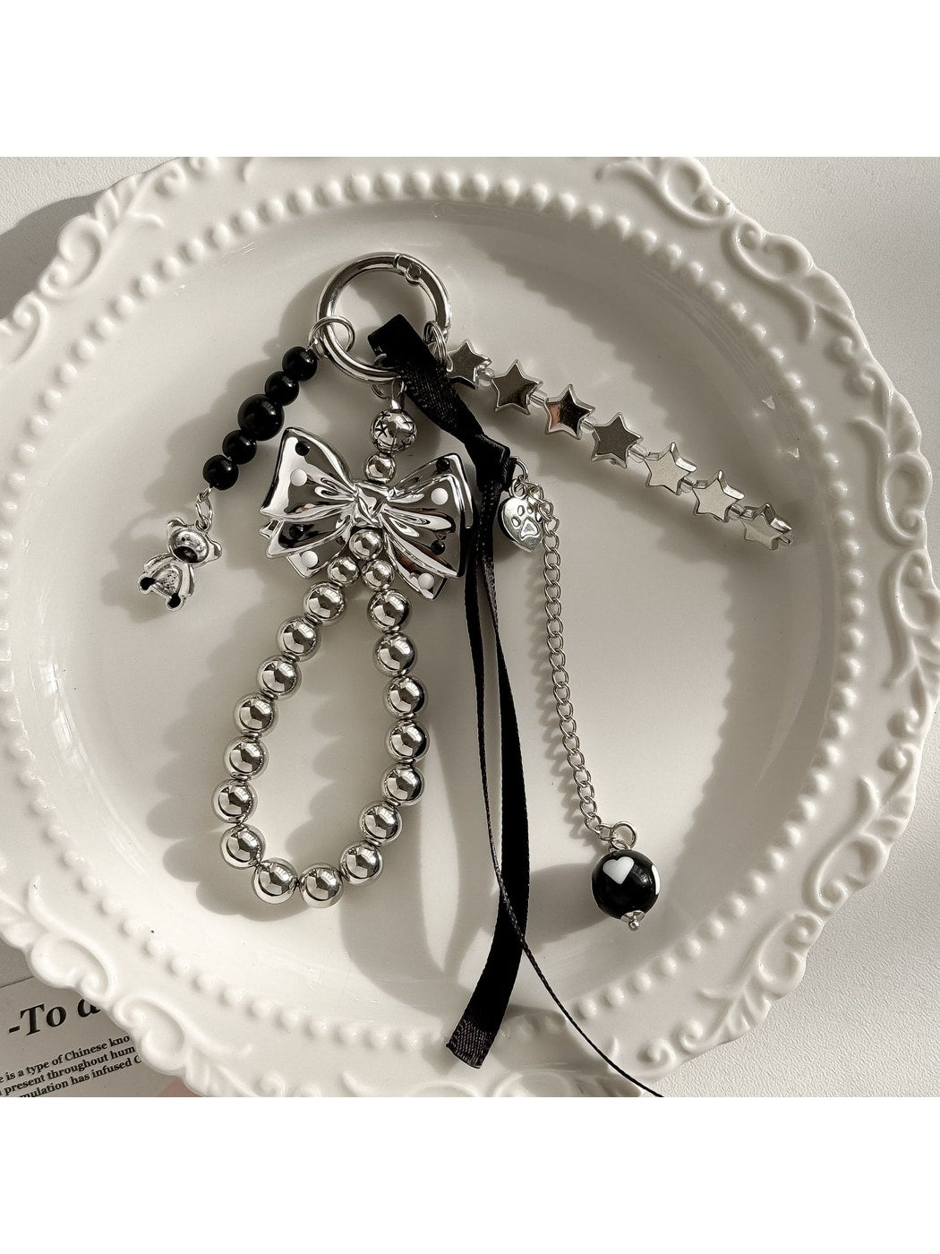Keypus - Black Bow Beaded Charm Key Ring Keychain