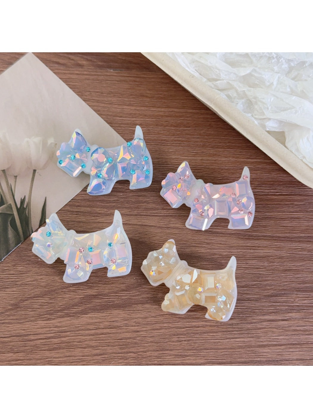 Beau acetate hair clip shaped like a sitting puppy with detailed ears and tail