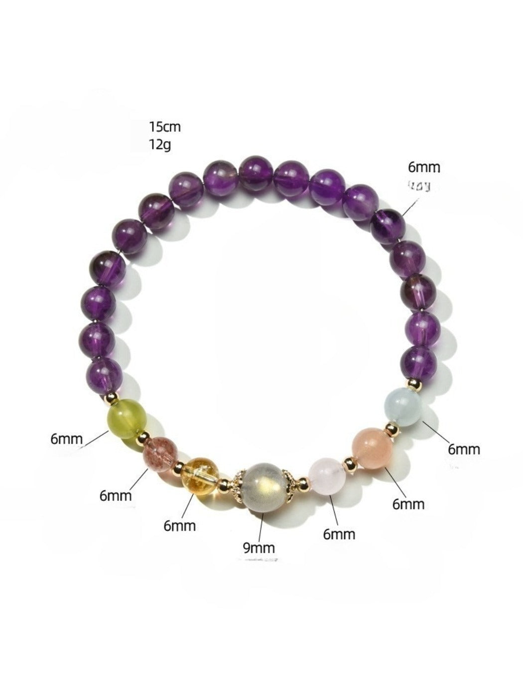 Detailed shot of purple and white crystals on Lovra beaded bracelet