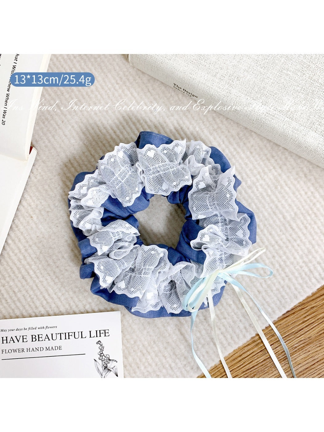 Gifty - Lace Trim Denim Bow Scrunchies