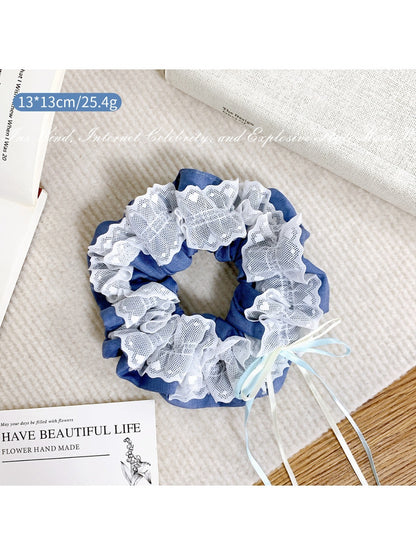Gifty - Lace Trim Denim Bow Scrunchies
