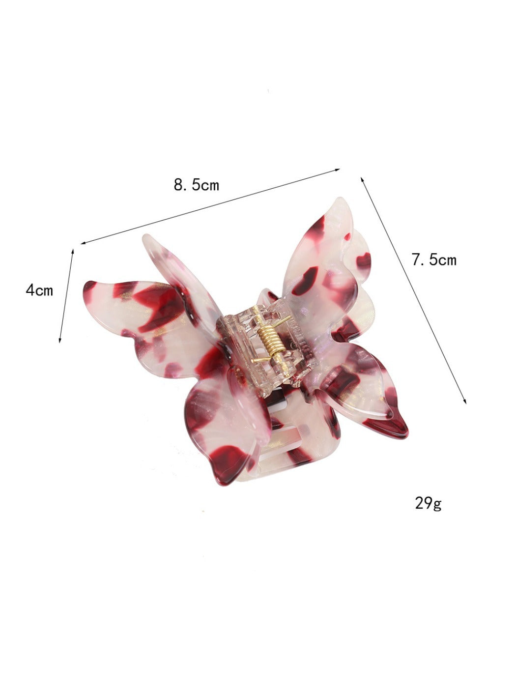 Side view of pastel pink butterfly claw clip with open claws