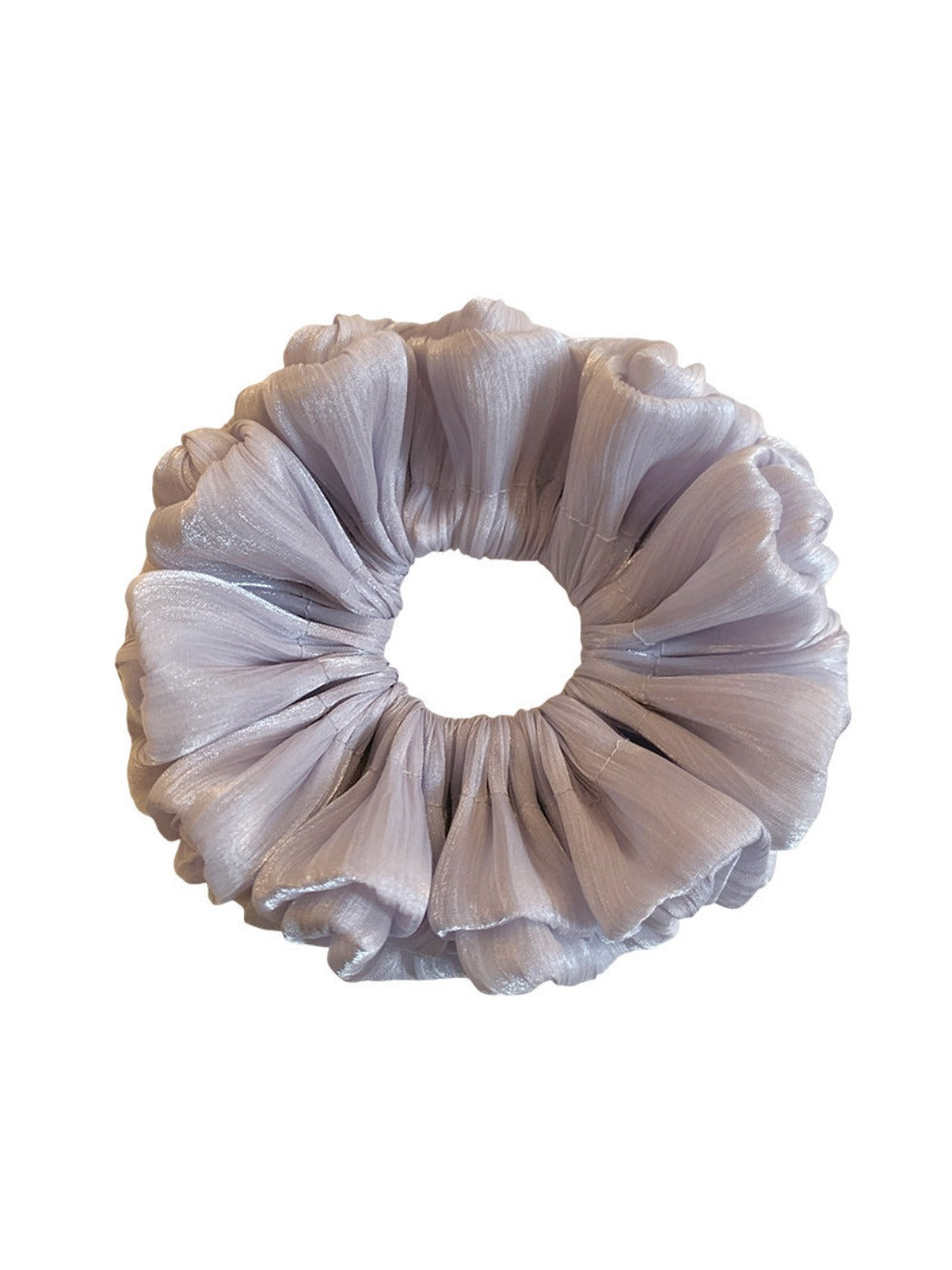 Purple tulle scrunchie with reflective sheen displayed on a white background
