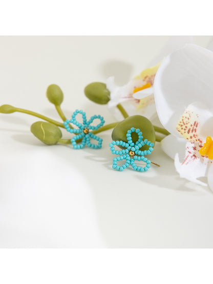 Earedge - Floral Earrings In Blue Seed Beads