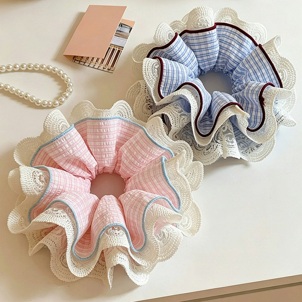 Gifty - Plaid Lace Trim Multi-Layer Scrunchie
