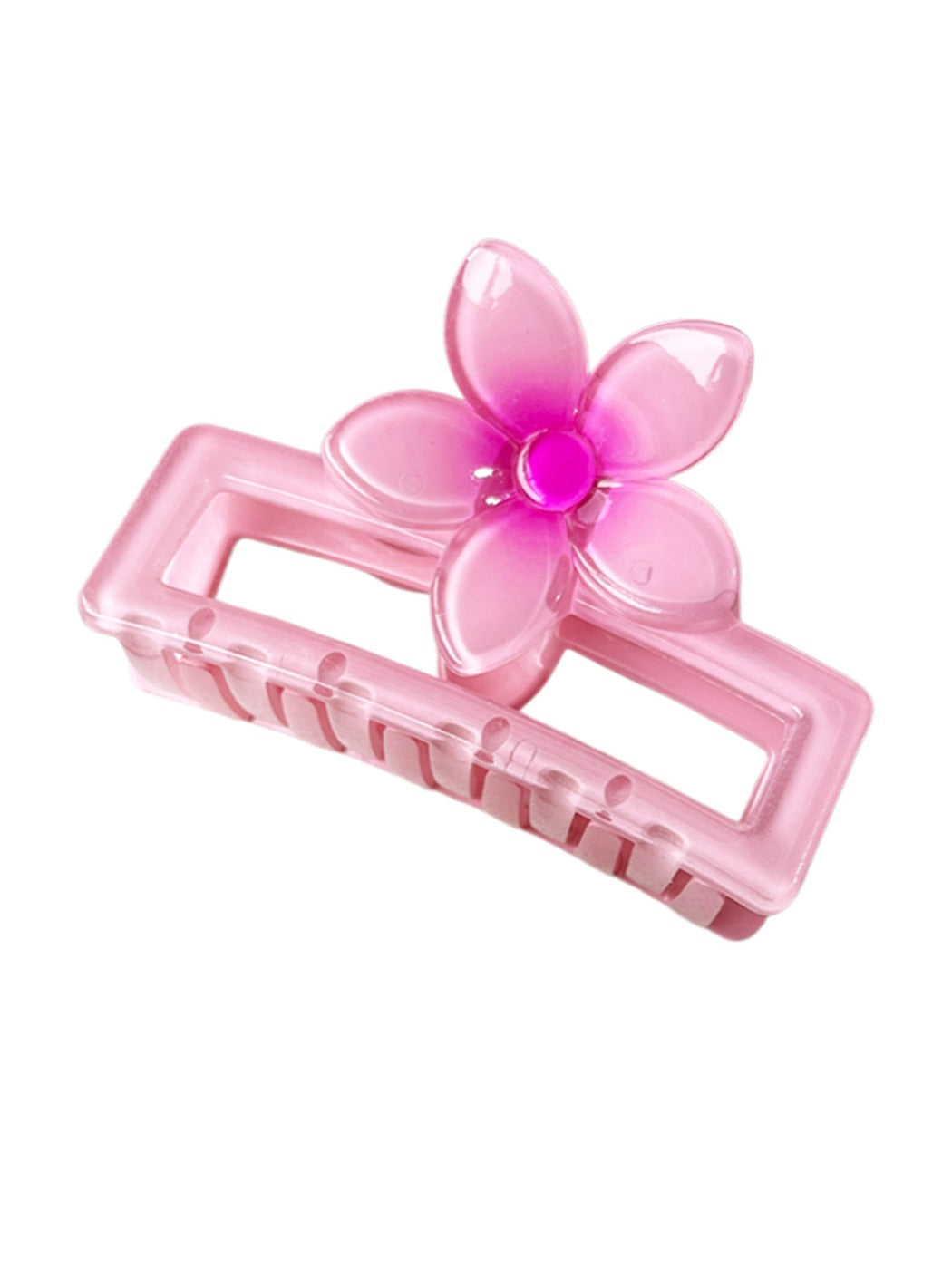 Beau square ombre flower shaped claw clip styled in hair demonstrating hold and size