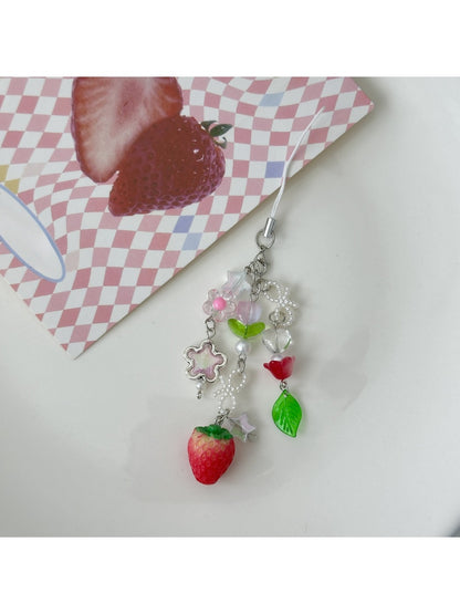 Sweet Tulip Strawberry keychain displayed hanging against a white background