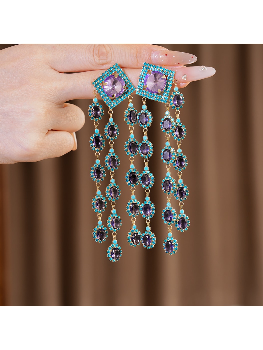 Earedge - Vintage Rhinestone Geometric Tassel Earrings