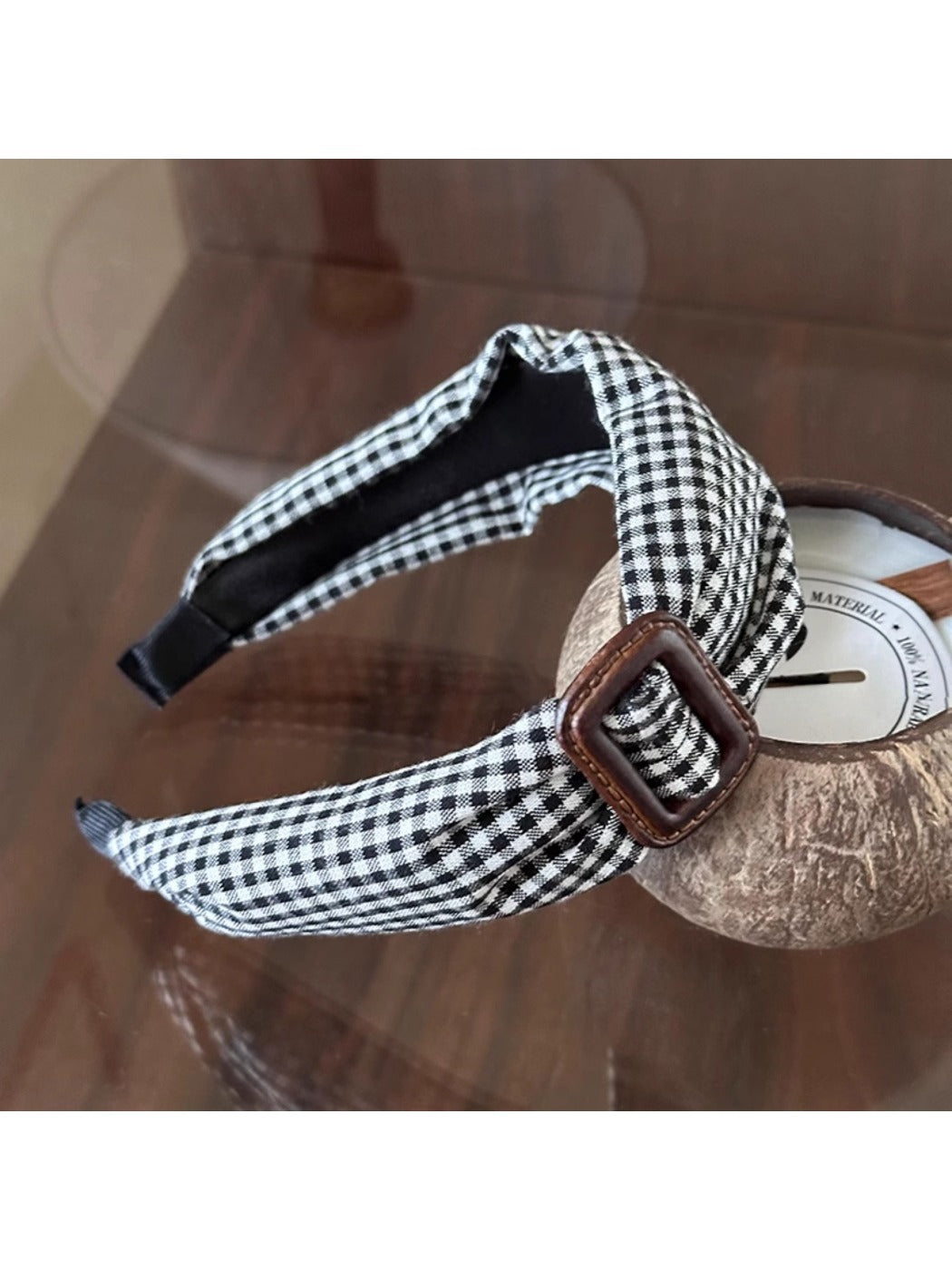 Side view of Gifty black plaid clean headband showing fabric texture