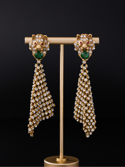 Earedge - Ornate Lion Head Tapered Dangle Earrings