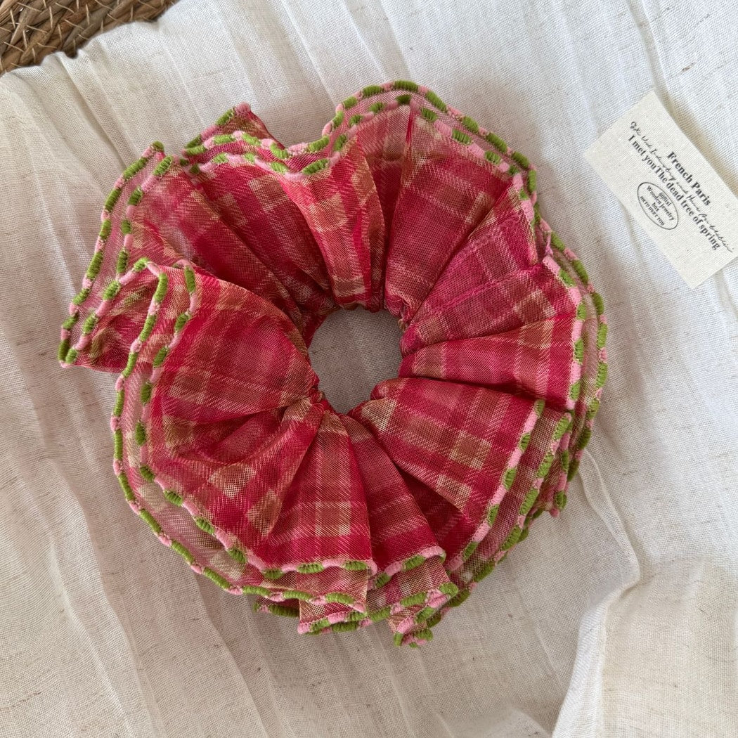 Gifty - Pleated Check Polyester Fabric Scrunchie