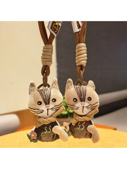 Close-up of vintage cat charm showing facial features and textured metal finish