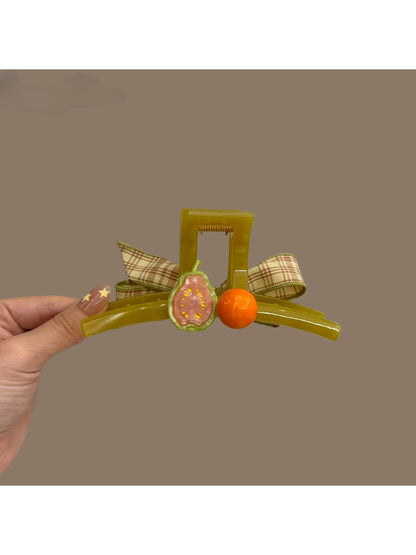 Beau - Fruit Detail Plaid Bow PC Claw Hair Clip