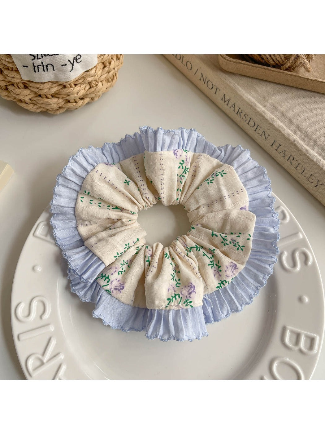 Gifty tiny floral print scrunchie styled in a casual hair bun