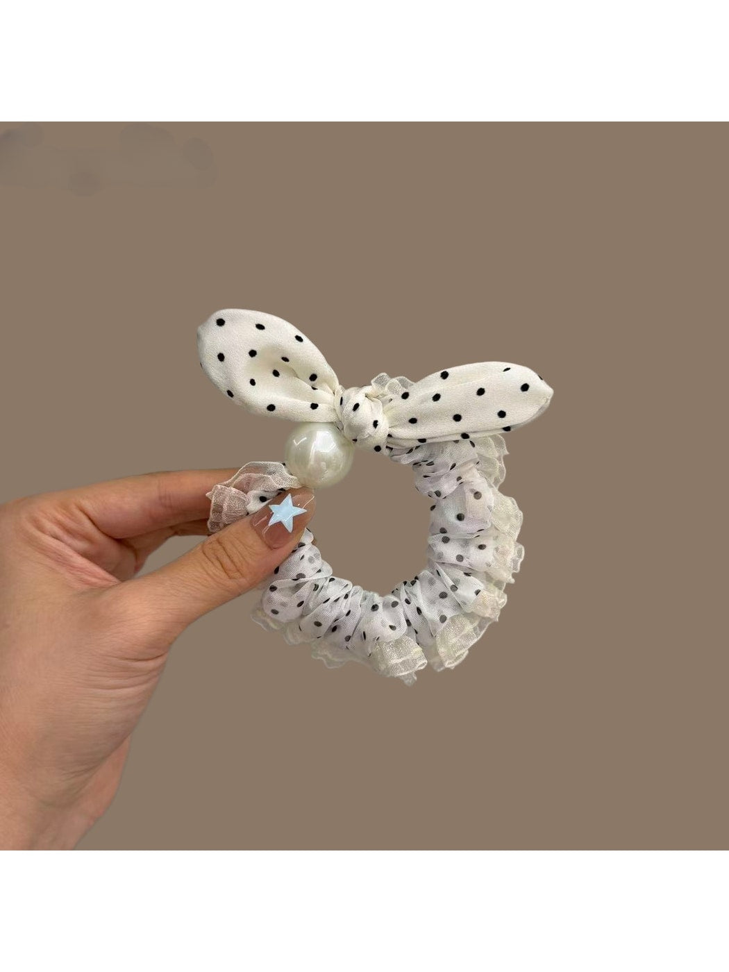 Gifty - Polka Dot Mesh Bow Lace Trim Scrunchie