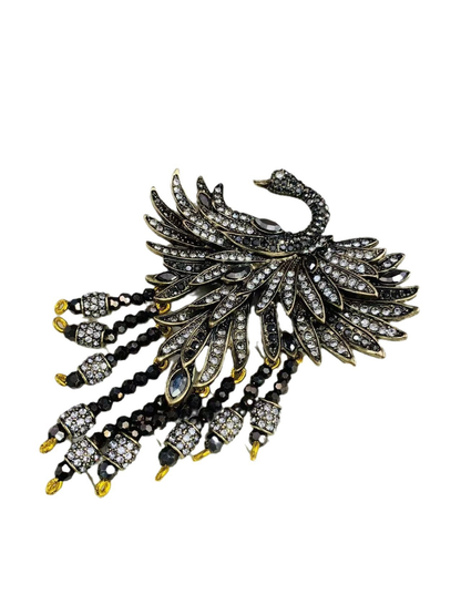 Brovia - Bird Form Rhinestone Dangle Accent Brooch